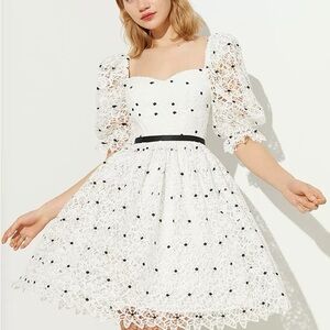 White Lace Puff-Sleeve Fit & Flare Dress with Black Dot Accents